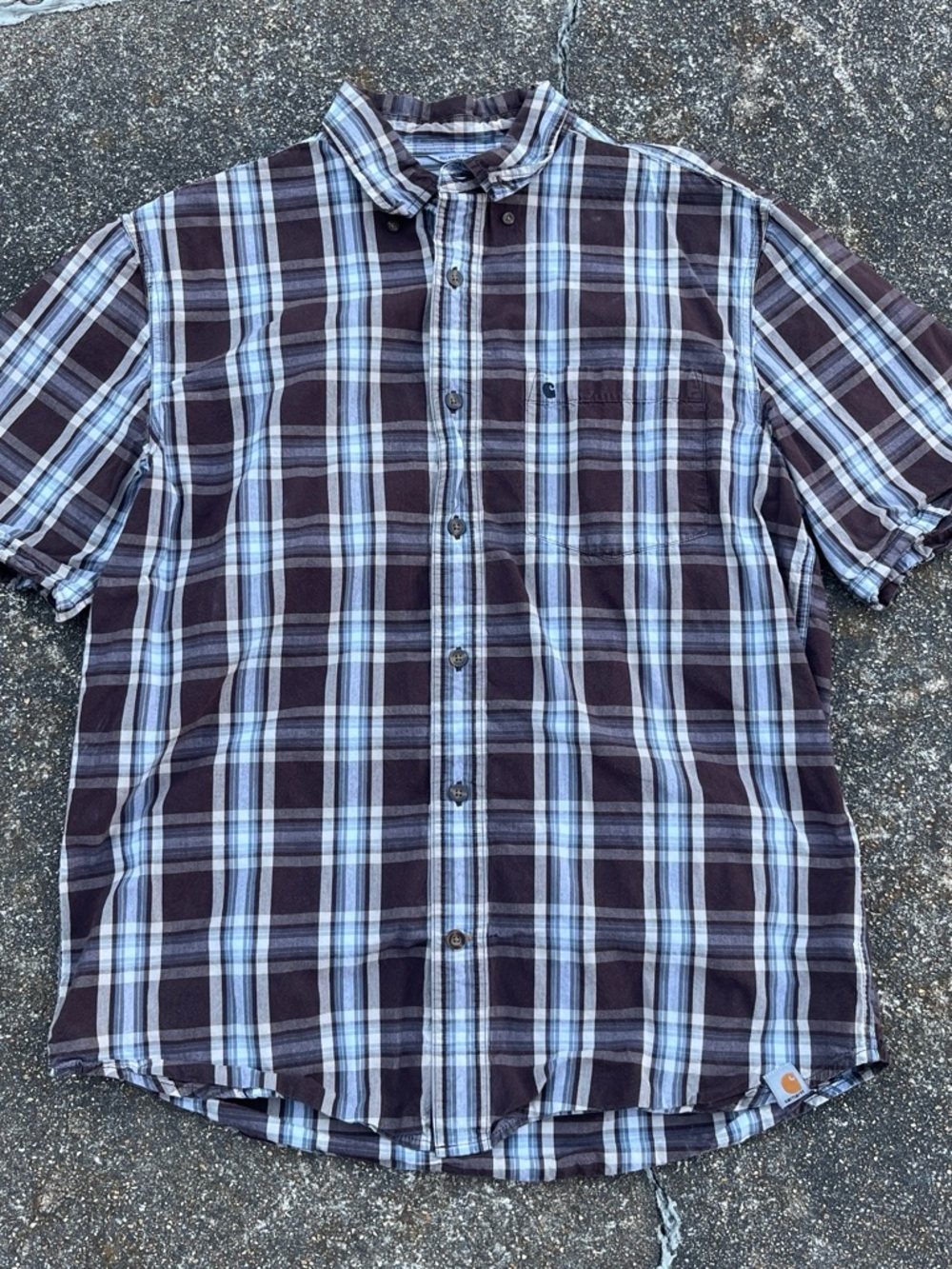Carhartt Men's Short-Sleeve Plaid Button-Down in Brown & Light Blue
